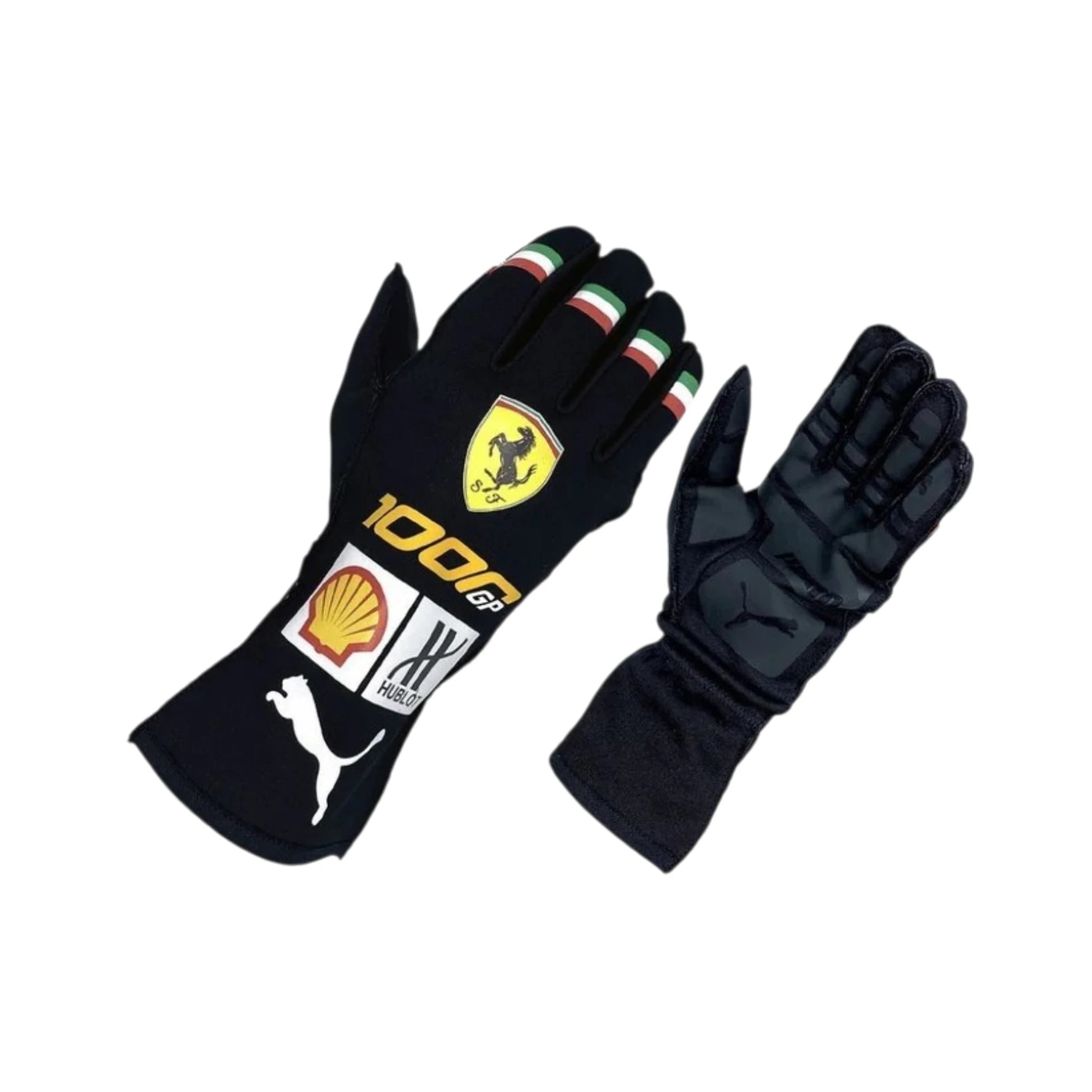 Charles Leclerc 2020 Ferrari 1000 GP F1 racing gloves with special anniversary design and Ferrari sponsor branding