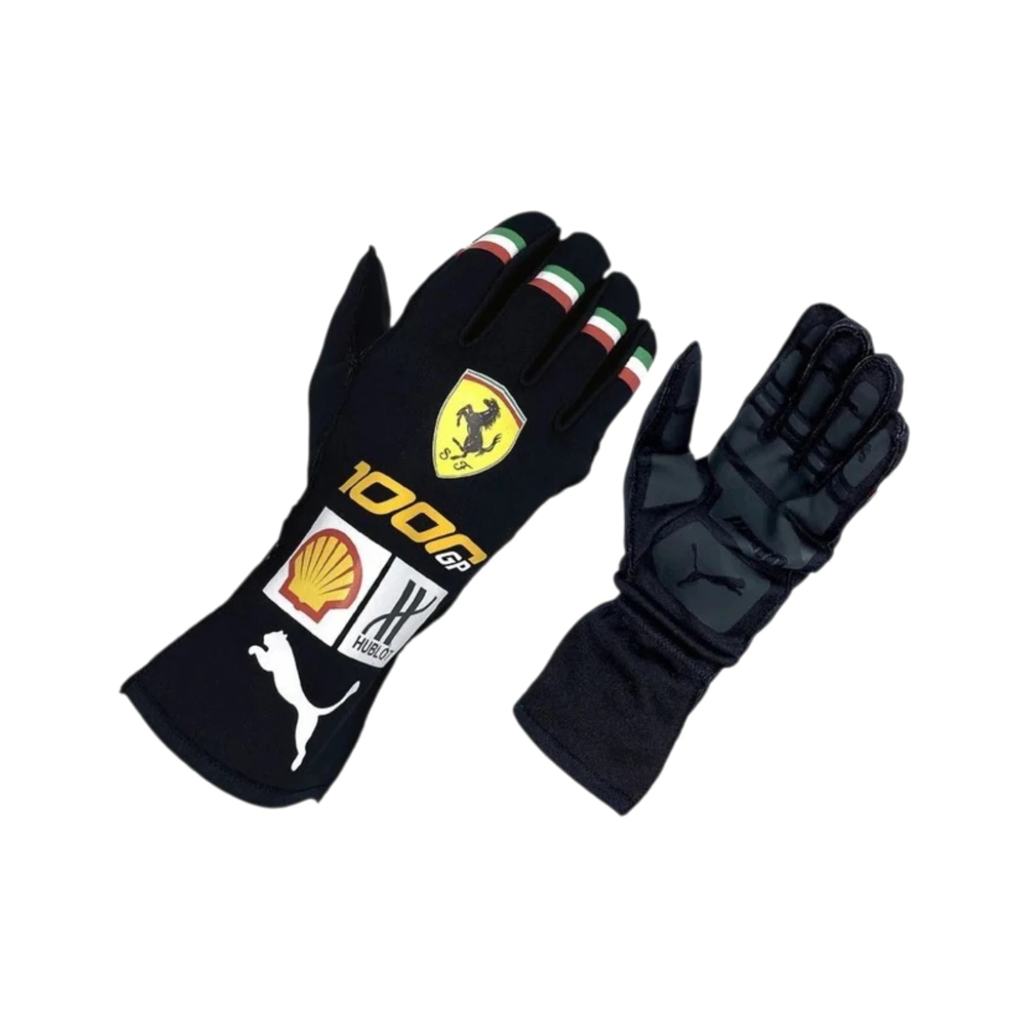 Charles Leclerc 2020 Ferrari 1000 GP F1 racing gloves with special anniversary design and Ferrari sponsor branding