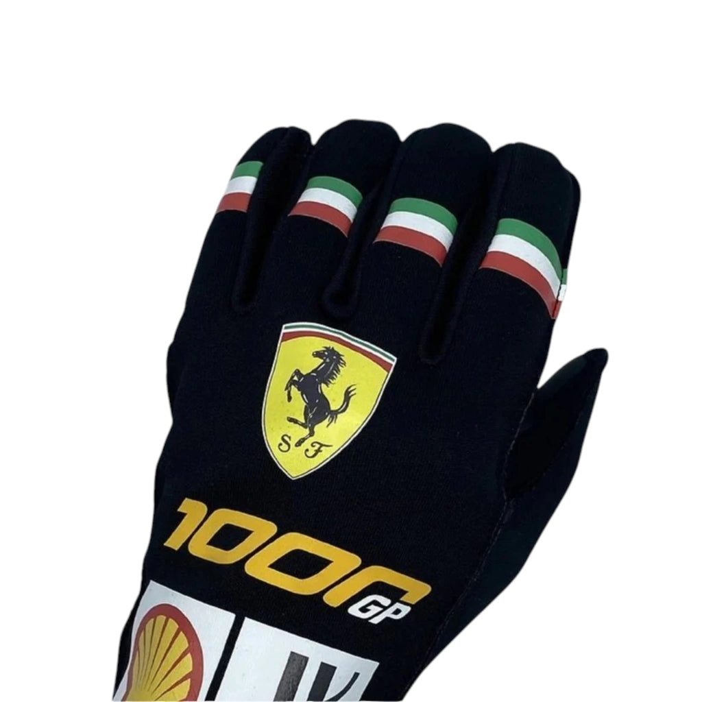 Charles Leclerc 2020 Ferrari 1000 GP F1 racing gloves with special anniversary design and Ferrari sponsor branding