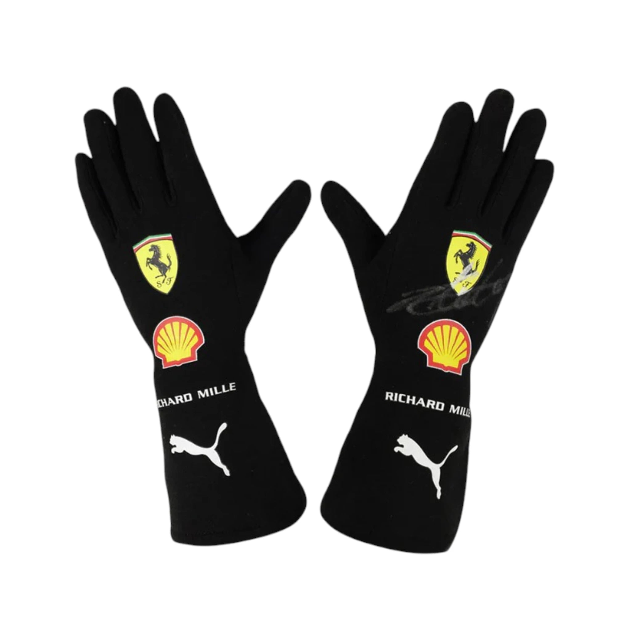 Charles Leclerc 2021 Ferrari F1 racing gloves with team branding and sponsor logos