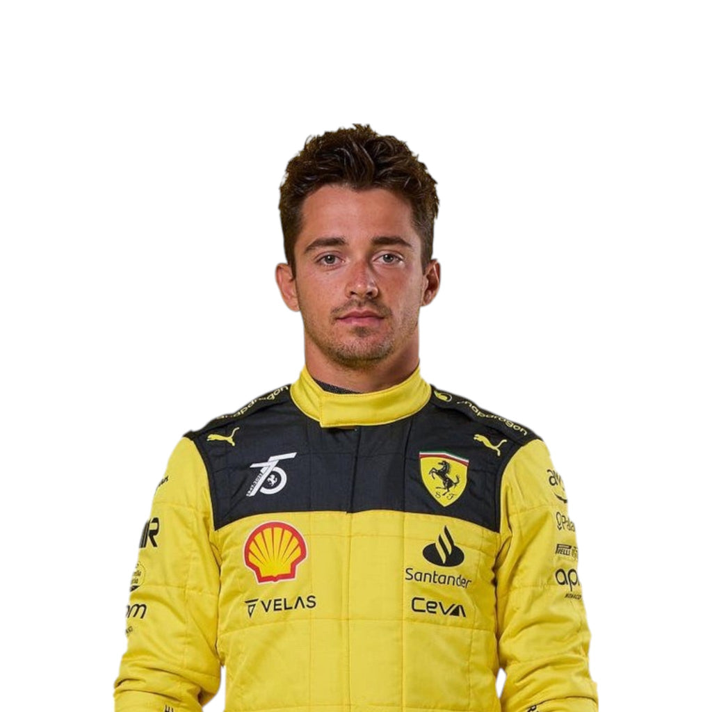 Charles Leclerc 2022 Ferrari 75th anniversary F1 race suit in Giallo Modena yellow with sponsor branding