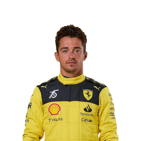 Charles Leclerc 2022 Ferrari 75th anniversary F1 race suit in Giallo Modena yellow with sponsor branding