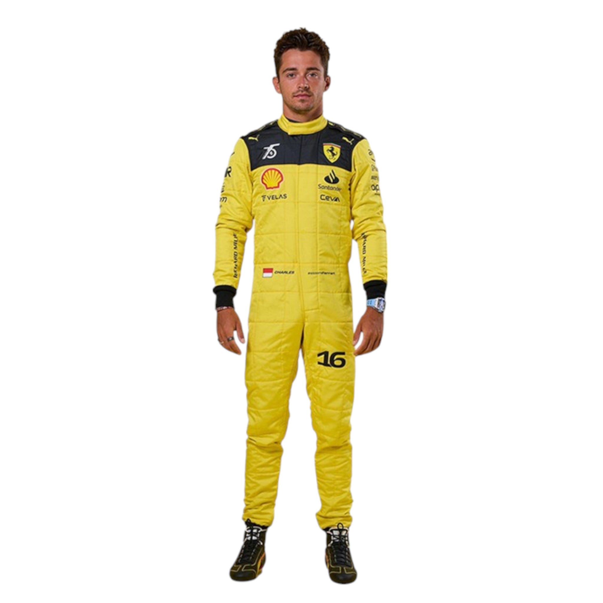 Charles Leclerc 2022 Ferrari 75th anniversary F1 race suit in Giallo Modena yellow with sponsor branding
