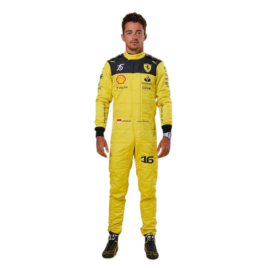 Charles Leclerc 2022 Ferrari 75th anniversary F1 race suit in Giallo Modena yellow with sponsor branding