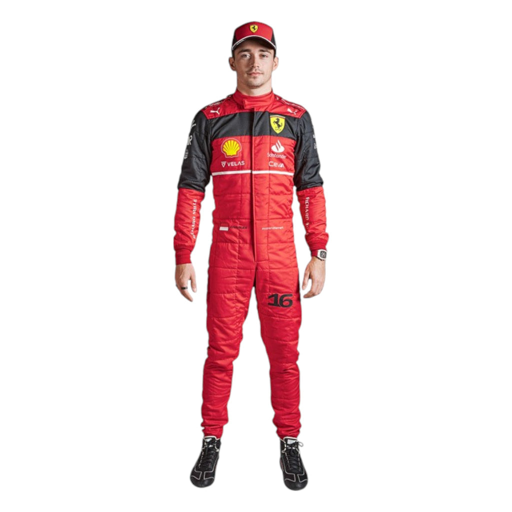 Charles Leclerc 2022 Ferrari F1 race suit in signature red with Ferrari and sponsor branding