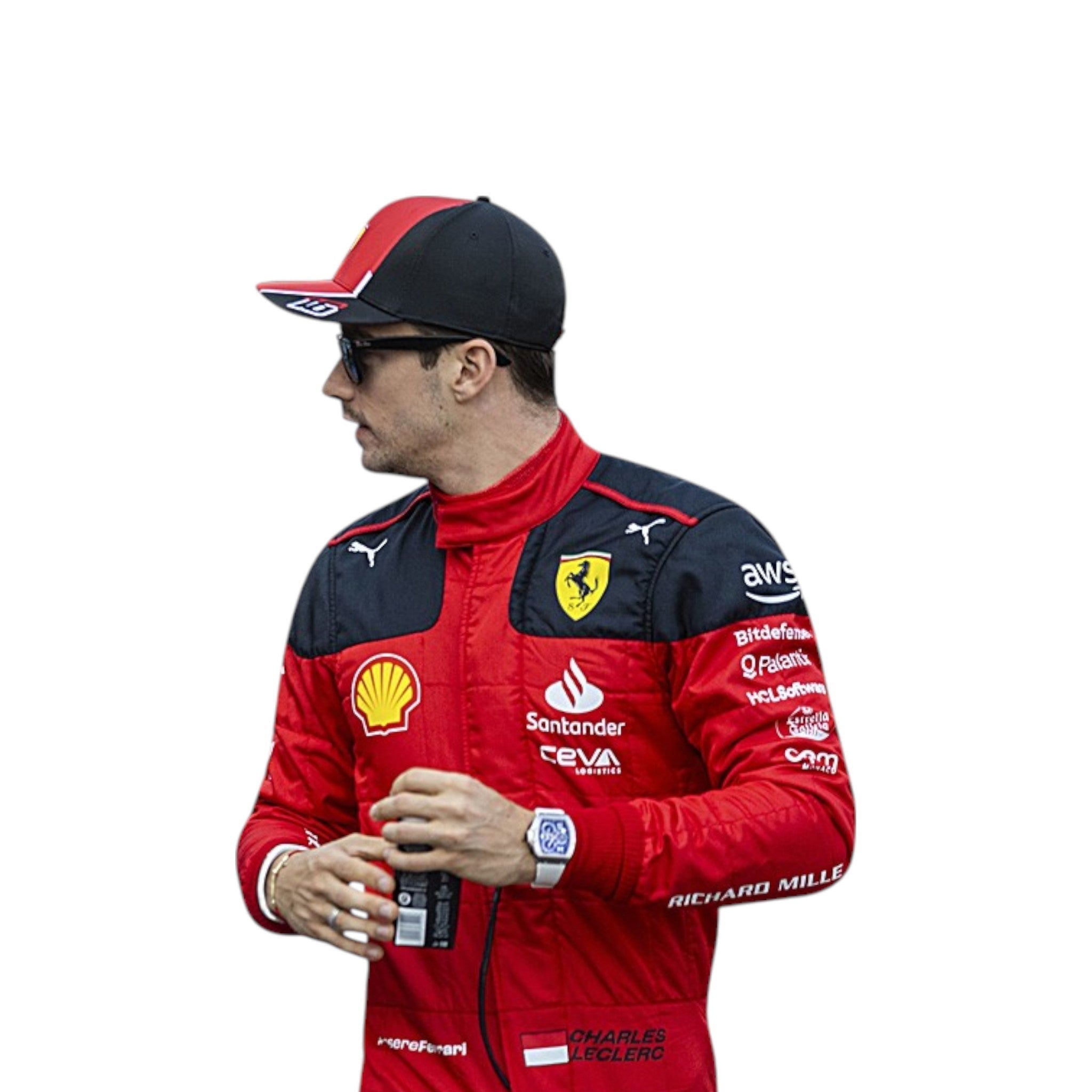 Charles Leclerc 2023 Ferrari F1 race suit in signature red with Ferrari and sponsor branding