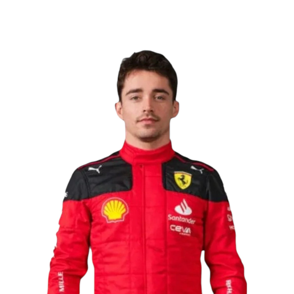 Charles Leclerc 2023 Ferrari F1 race suit in signature red with Ferrari and sponsor branding