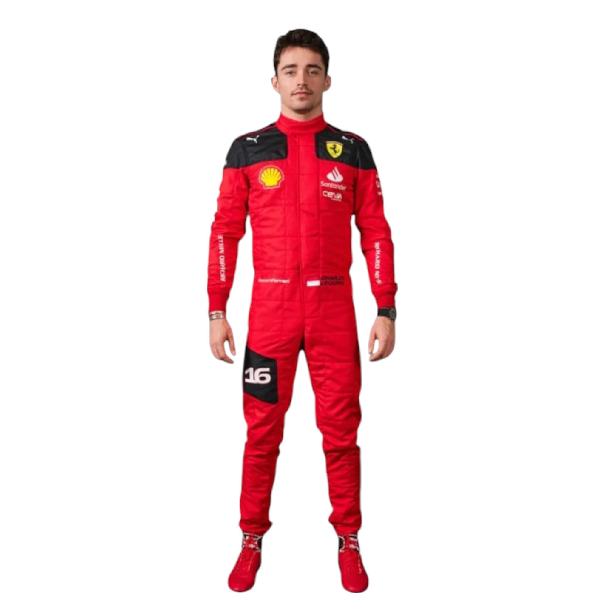 Charles Leclerc 2023 Ferrari F1 race suit in signature red with Ferrari and sponsor branding