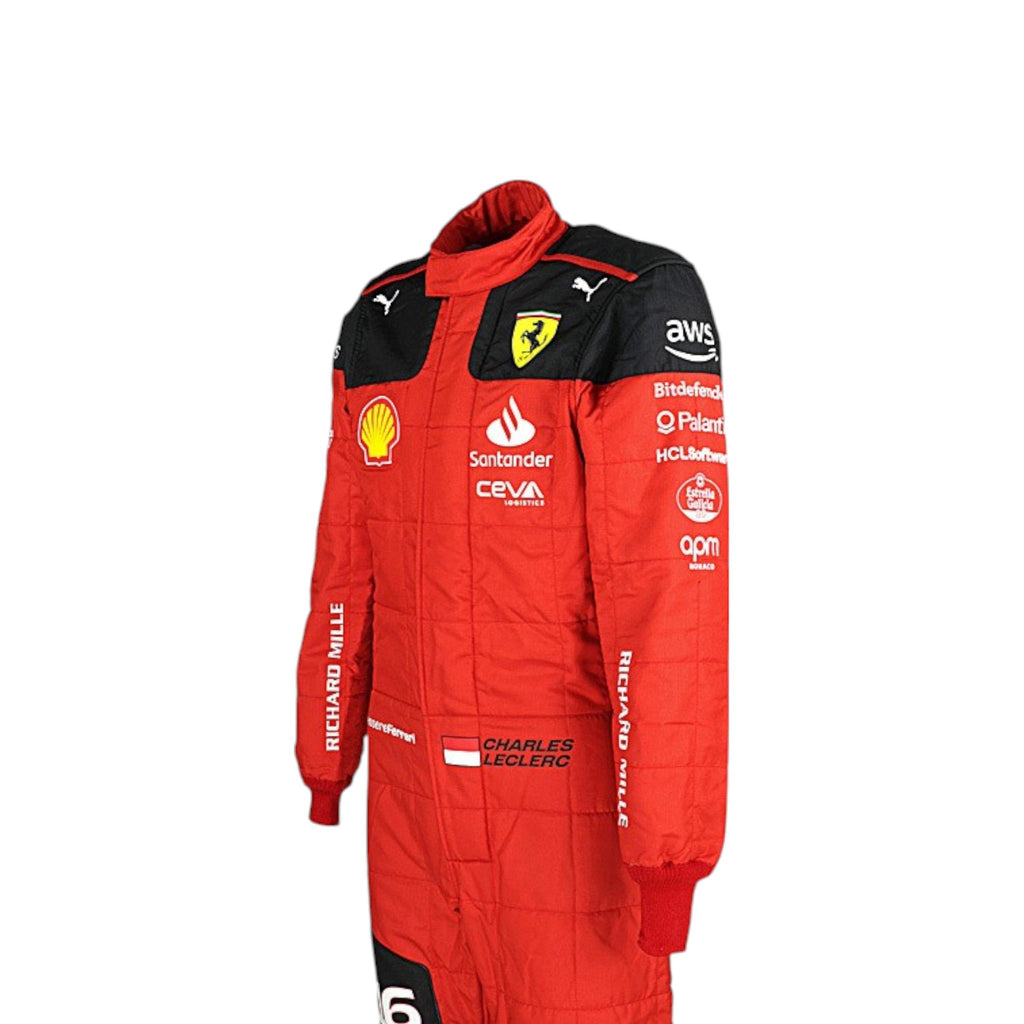 Charles Leclerc 2023 Ferrari F1 race suit in signature red with Ferrari and sponsor branding