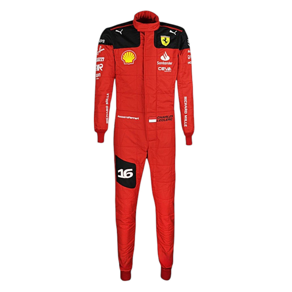 Charles Leclerc 2023 Ferrari F1 race suit in signature red with Ferrari and sponsor branding