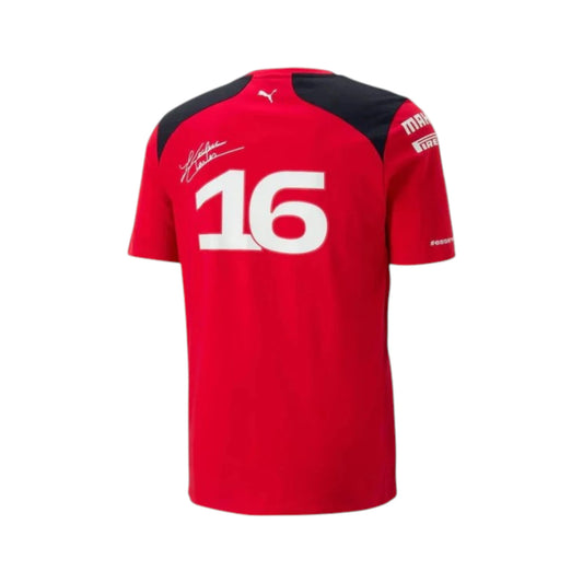 Charles Leclerc 2023 Ferrari F1 Racing Driver T-Shirt in red featuring iconic Ferrari team graphics, sponsor logos, and premium crew neck design