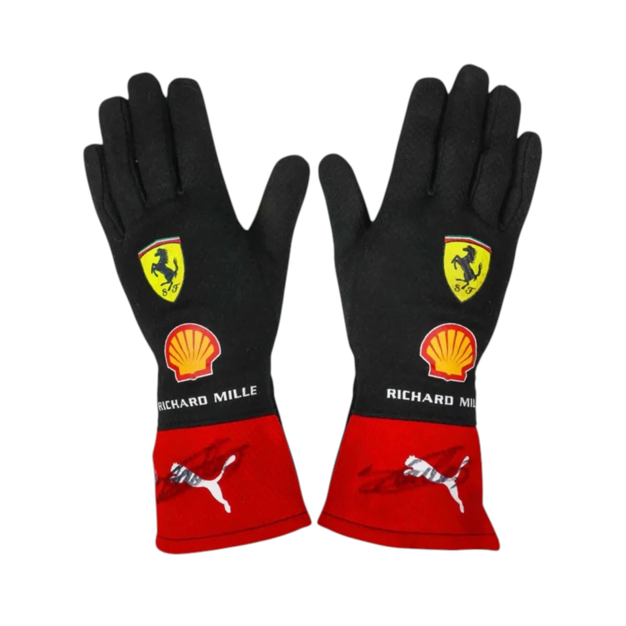 Charles Leclerc 2023 Ferrari F1 racing gloves with team branding and sponsor logos