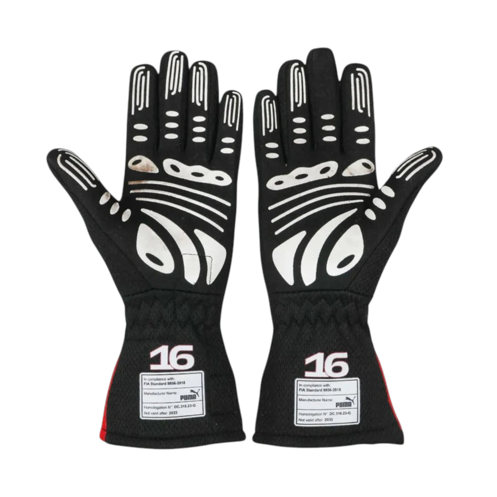 Charles Leclerc 2023 Ferrari F1 racing gloves with team branding and sponsor logos