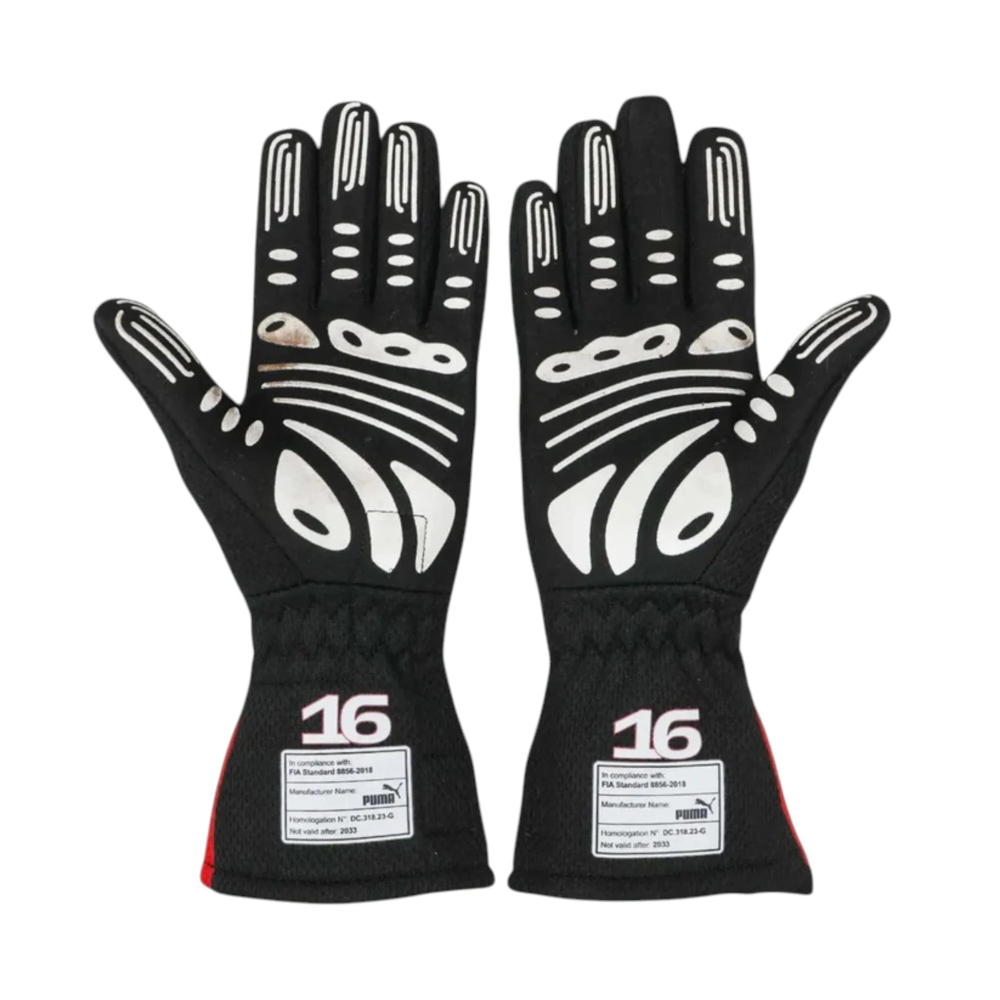 Charles Leclerc 2023 Ferrari F1 racing gloves with team branding and sponsor logos