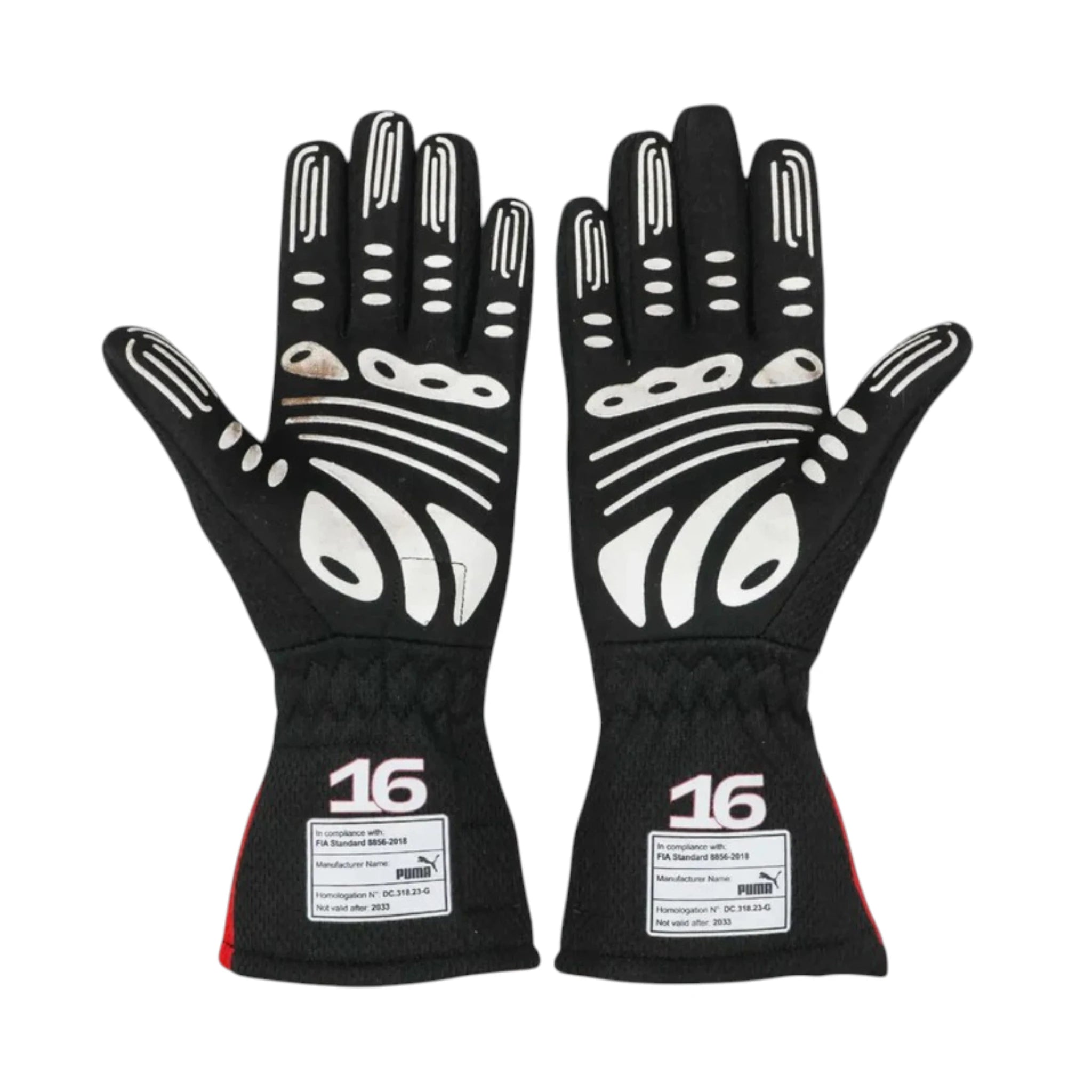 Charles Leclerc 2023 Ferrari F1 racing gloves with team branding and sponsor logos