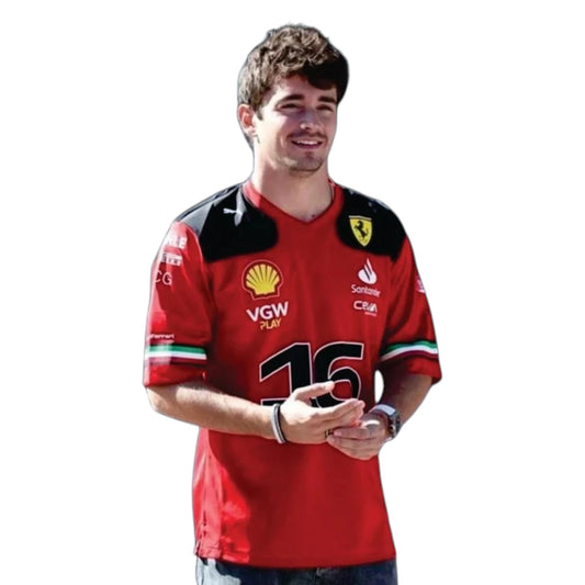 Charles Leclerc 2023 Ferrari F1 Racing T-Shirt in red with authentic Scuderia Ferrari sponsor logos and premium motorsport detailing