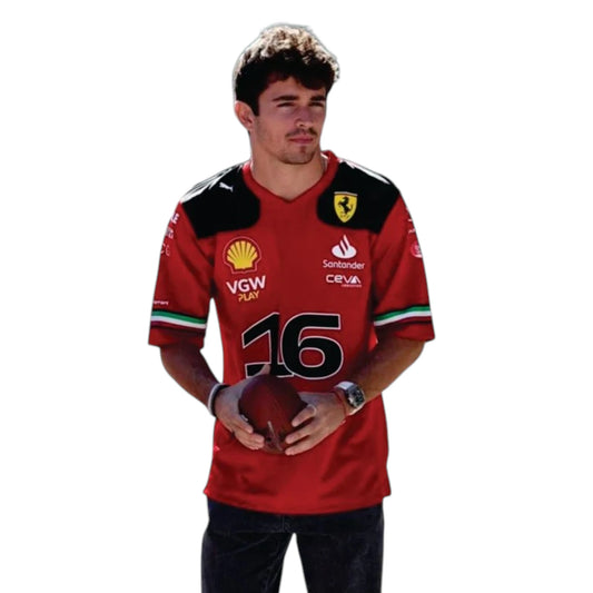 Charles Leclerc 2023 Ferrari F1 Racing T-Shirt in red with authentic Scuderia Ferrari sponsor logos and premium motorsport detailing