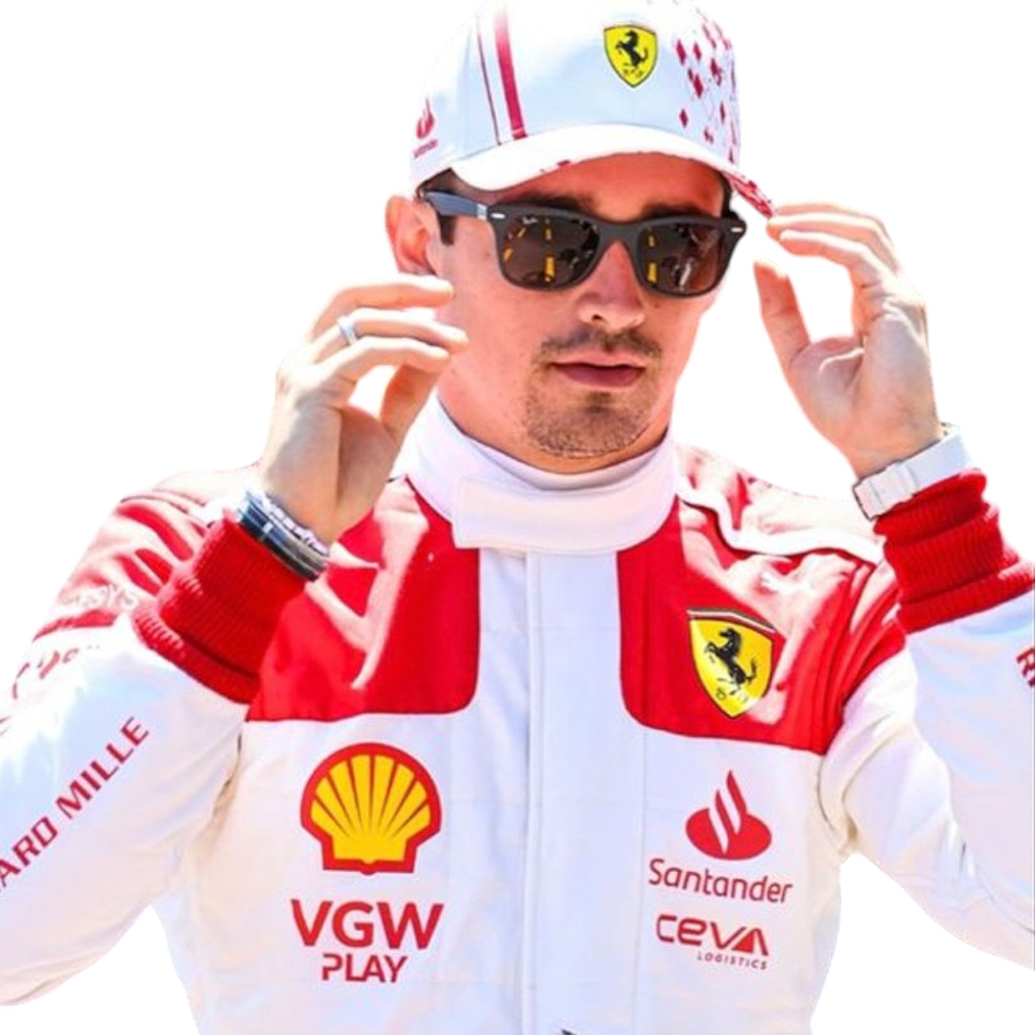 Charles Leclerc 2023 Ferrari Monaco GP F1 race suit with Monaco inspired detailing and sponsor branding