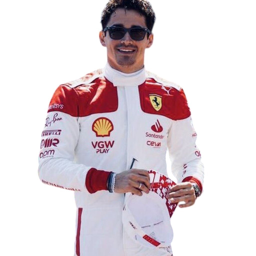 Charles Leclerc 2023 Ferrari Monaco GP F1 race suit with Monaco inspired detailing and sponsor branding