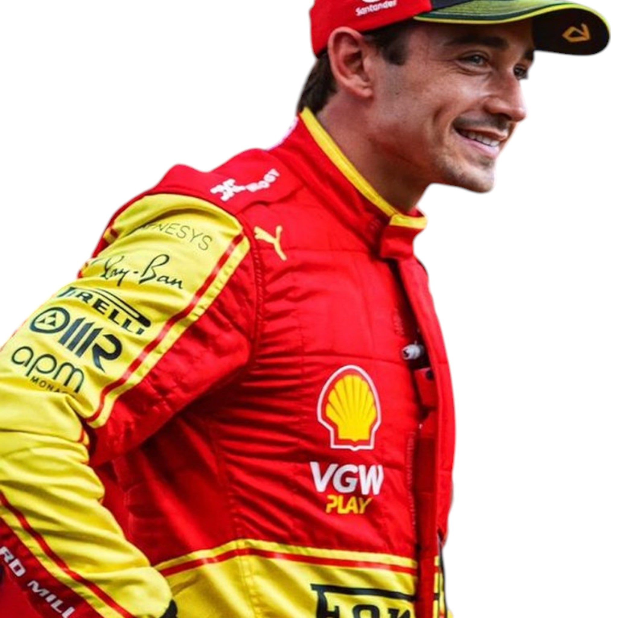 Charles Leclerc 2023 Ferrari Monza GP F1 race suit with special Italian Grand Prix detailing and sponsor branding