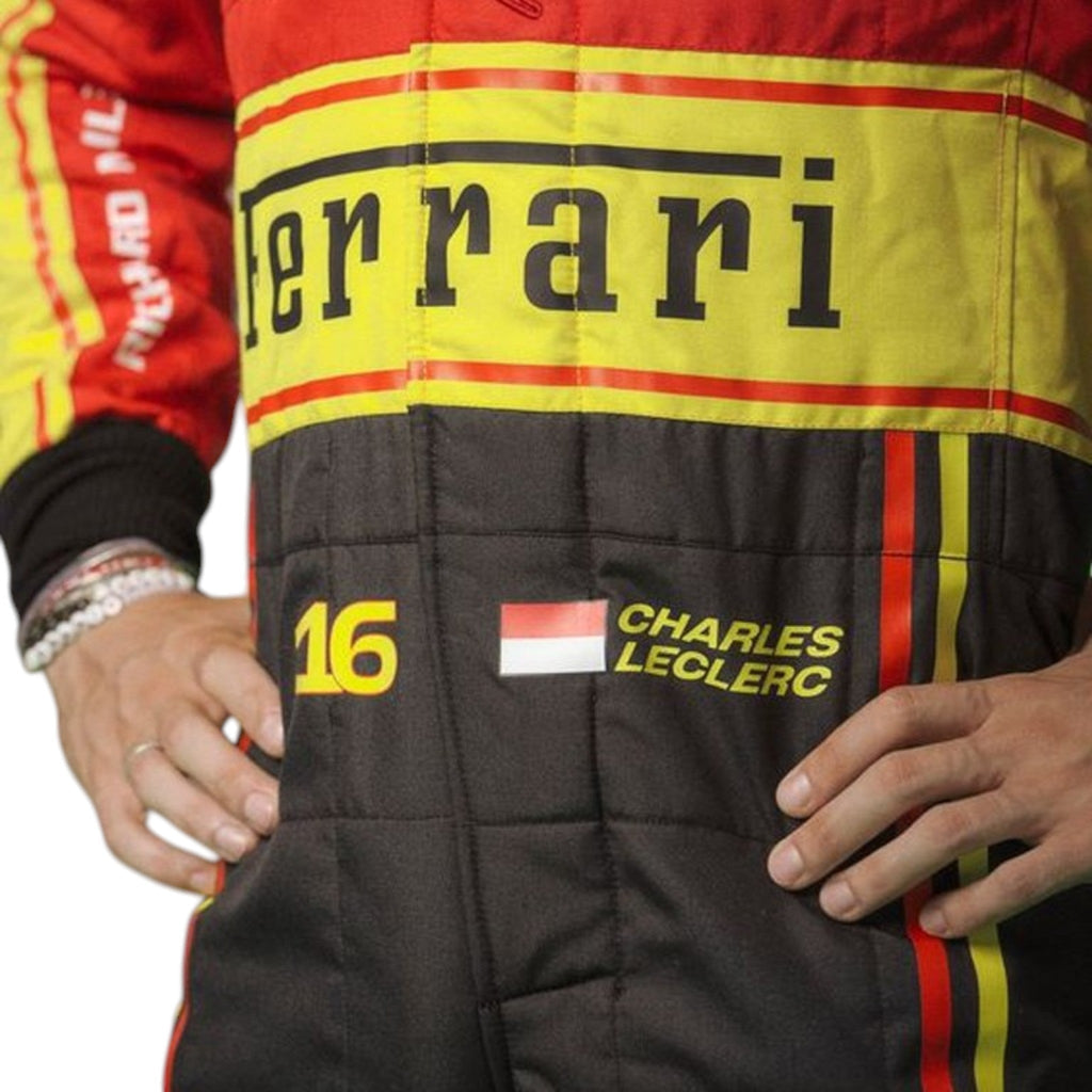 Charles Leclerc 2023 Ferrari Monza GP F1 race suit with special Italian Grand Prix detailing and sponsor branding