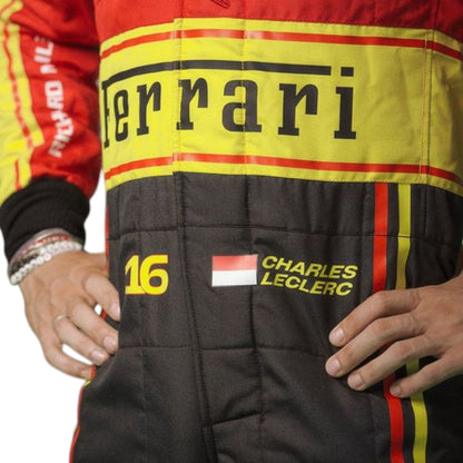 Charles Leclerc 2023 Ferrari Monza GP F1 race suit with special Italian Grand Prix detailing and sponsor branding