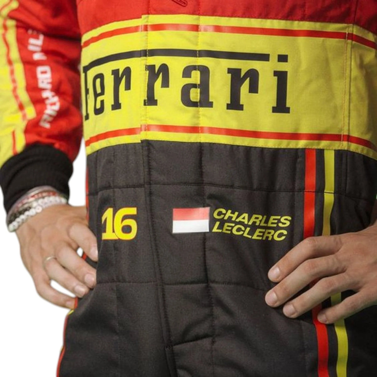 Charles Leclerc 2023 Ferrari Monza GP F1 race suit with special Italian Grand Prix detailing and sponsor branding