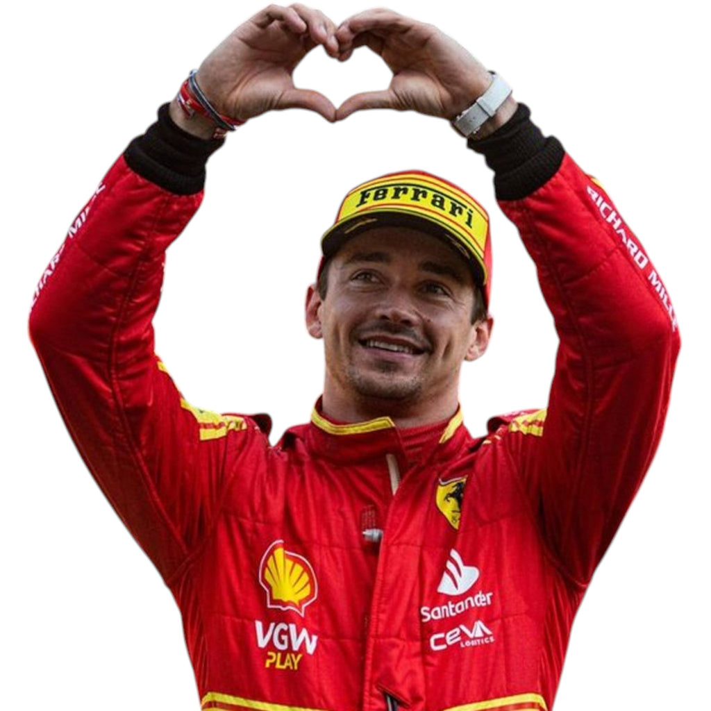 Charles Leclerc 2023 Ferrari Monza GP F1 race suit with special Italian Grand Prix detailing and sponsor branding