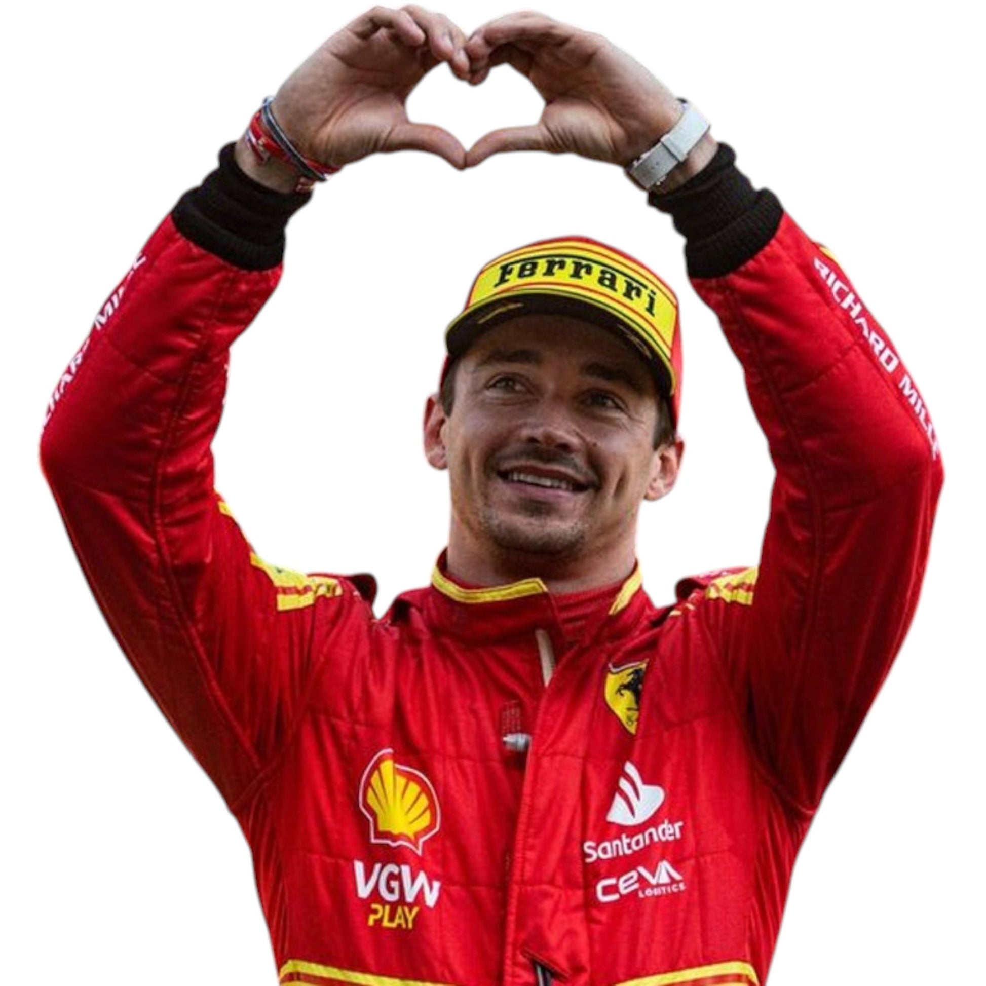 Charles Leclerc 2023 Ferrari Monza GP F1 race suit with special Italian Grand Prix detailing and sponsor branding