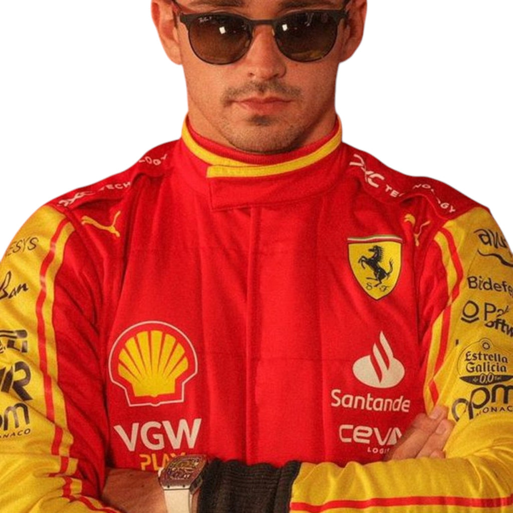 Charles Leclerc 2023 Ferrari Monza GP F1 race suit with special Italian Grand Prix detailing and sponsor branding