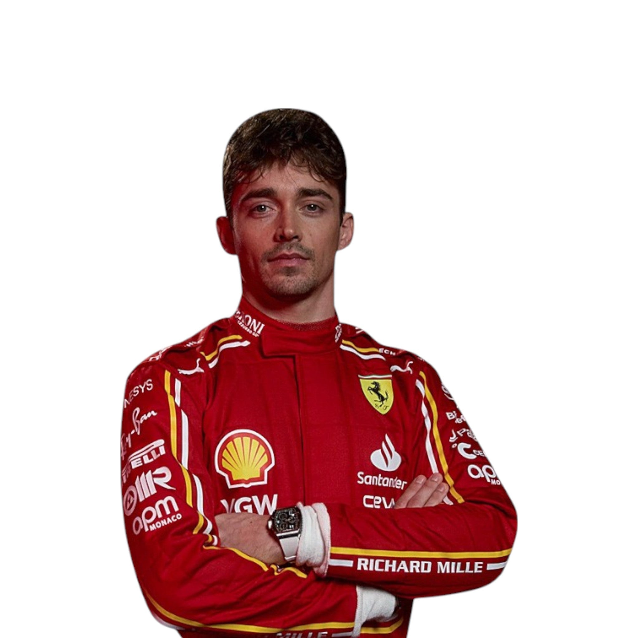 Charles Leclerc 2024 Ferrari F1 race suit in signature red with Ferrari and sponsor branding