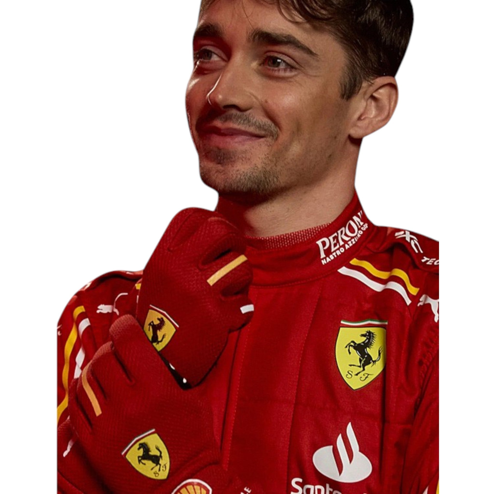 Charles Leclerc 2024 Ferrari F1 race suit in signature red with Ferrari and sponsor branding