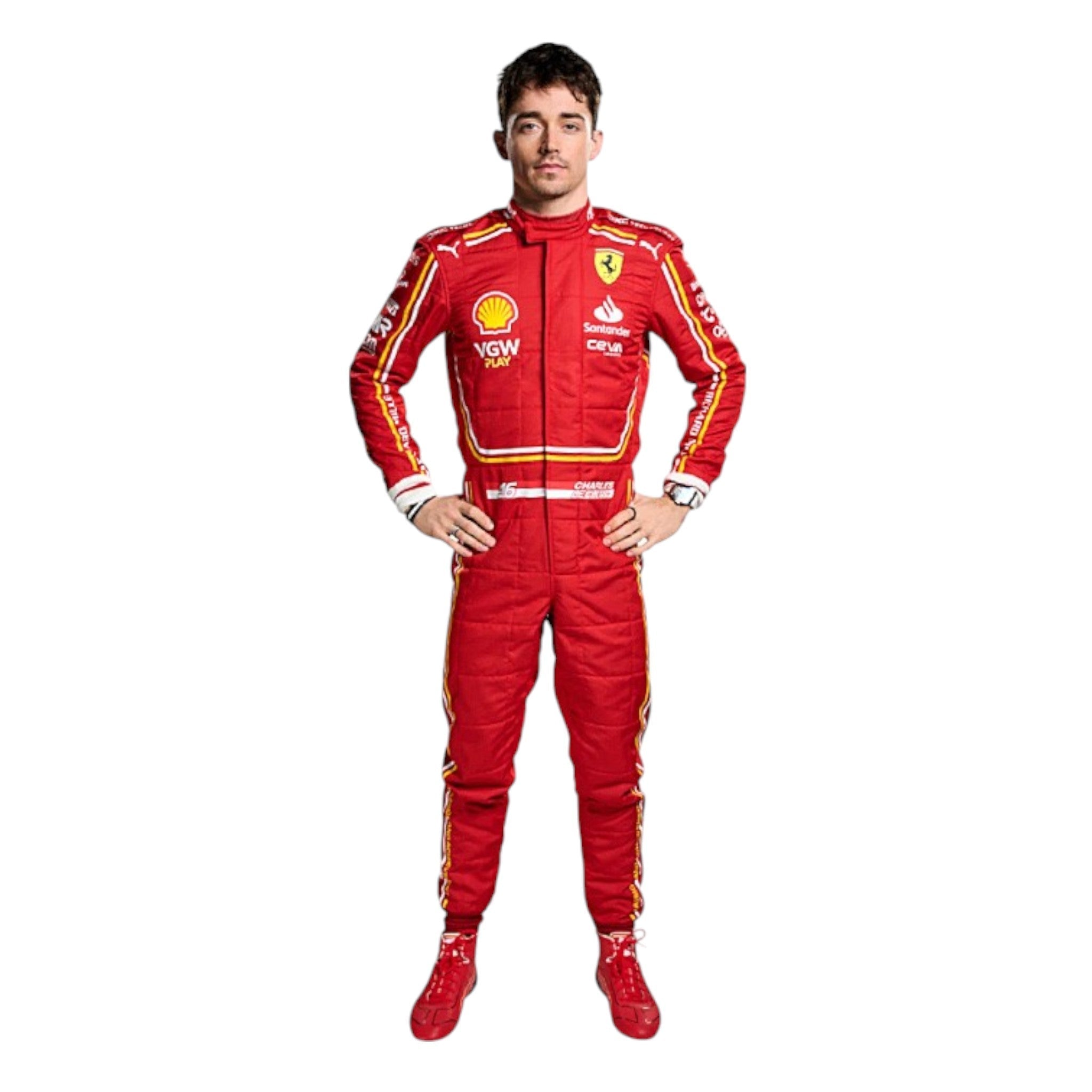 Charles Leclerc 2024 Ferrari F1 race suit in signature red with Ferrari and sponsor branding