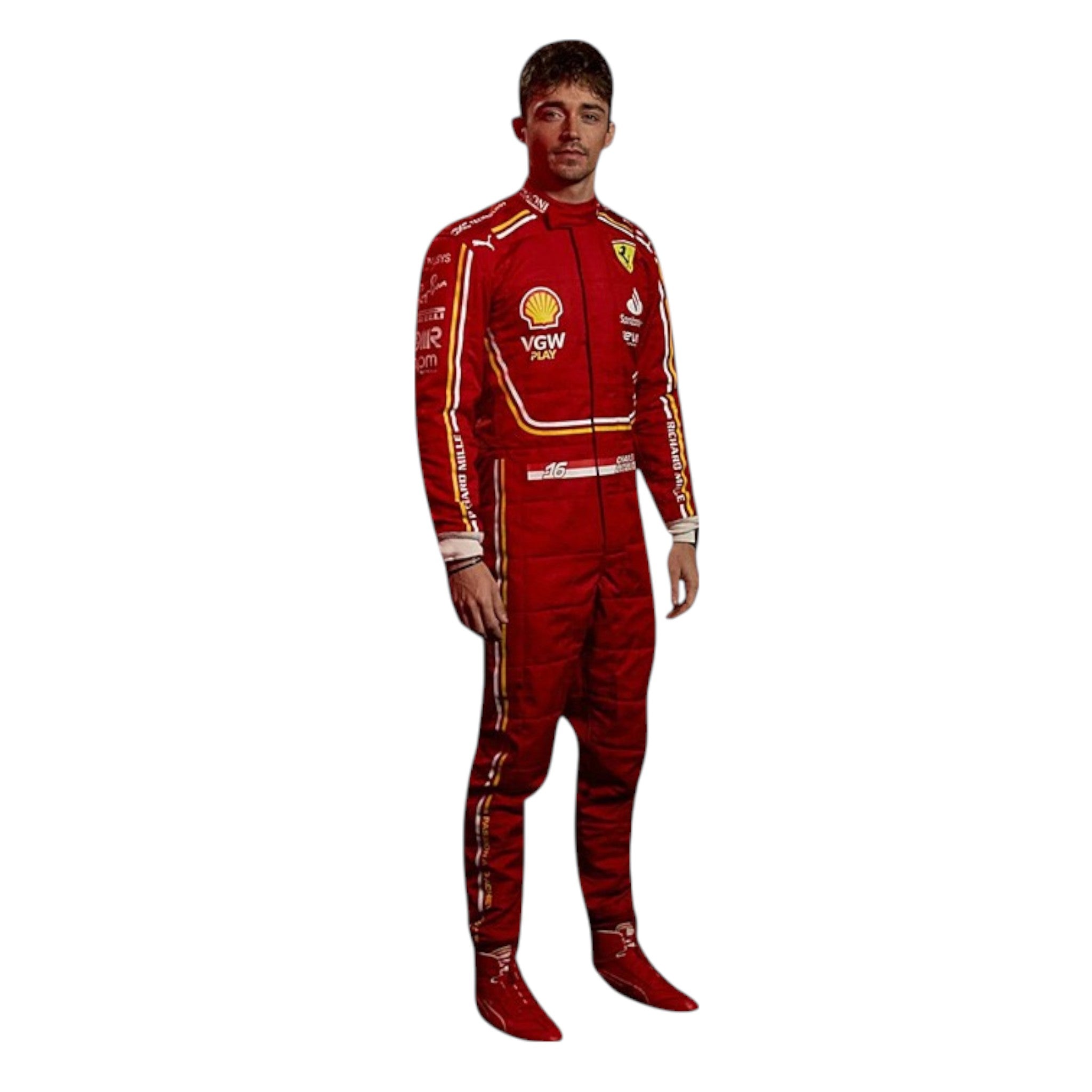 Charles Leclerc 2024 Ferrari F1 race suit in signature red with Ferrari and sponsor branding