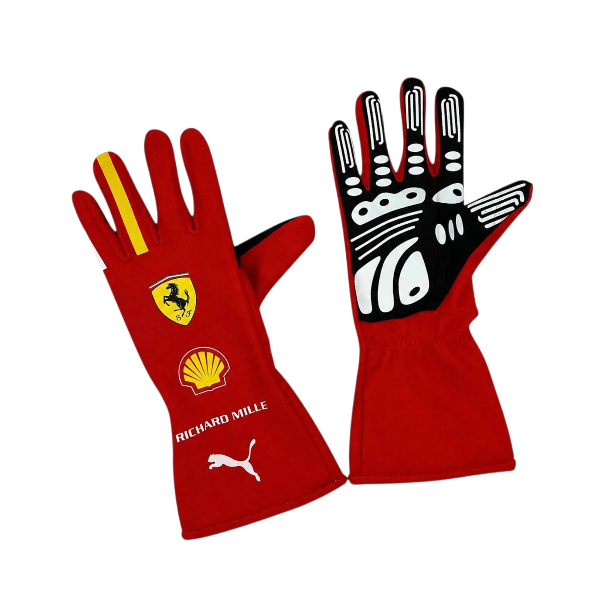 Charles Leclerc 2024 Ferrari F1 racing gloves with team branding and sponsor logos