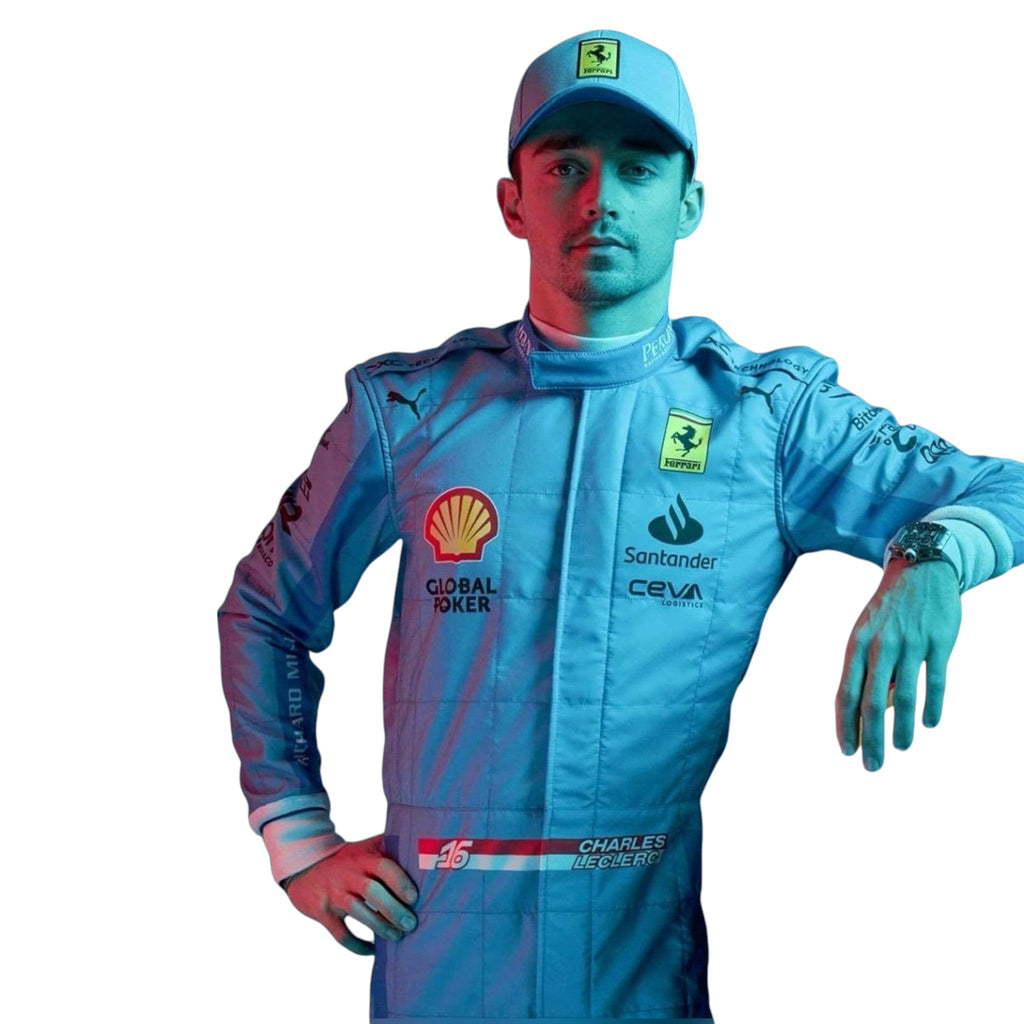 Charles Leclerc 2024 Ferrari Miami GP F1 race suit in blue with Ferrari and sponsor branding