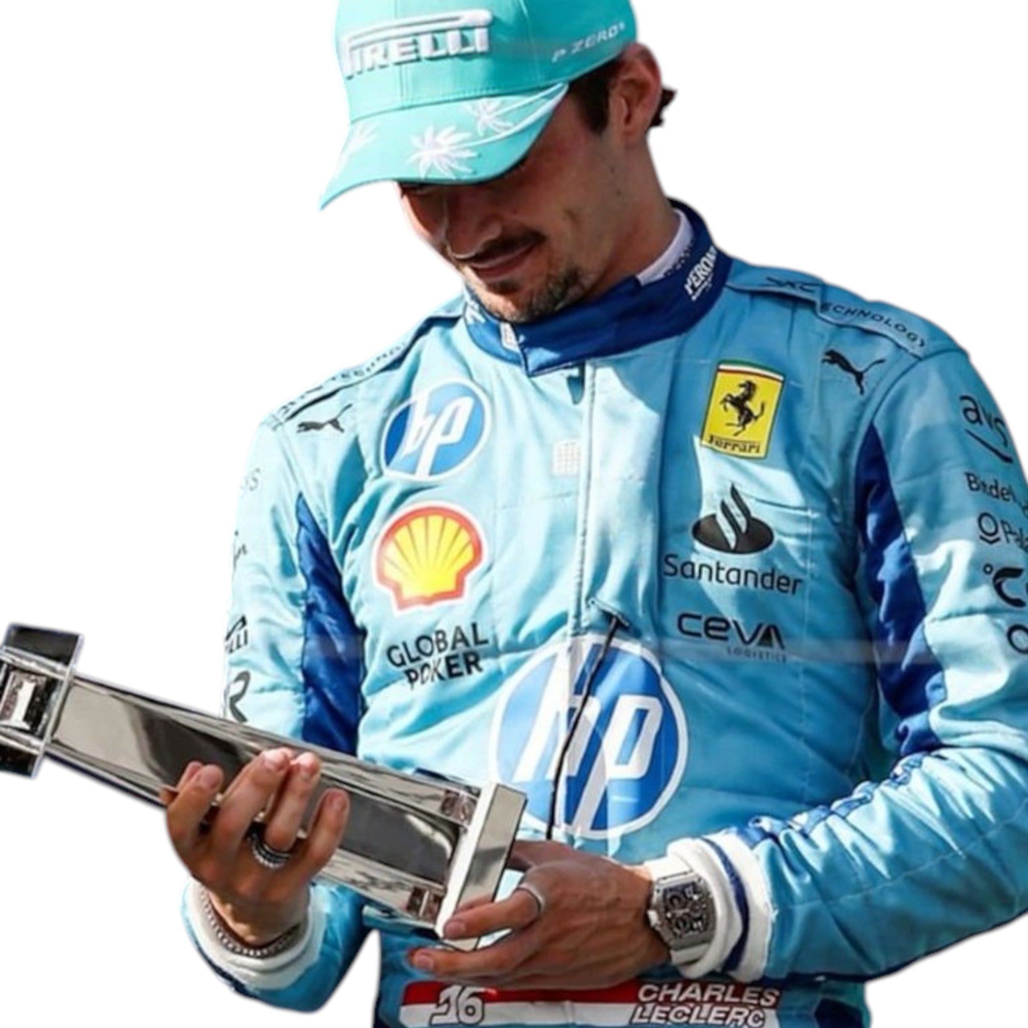 Charles Leclerc 2024 Ferrari Miami GP F1 race suit in blue with Ferrari and sponsor branding
