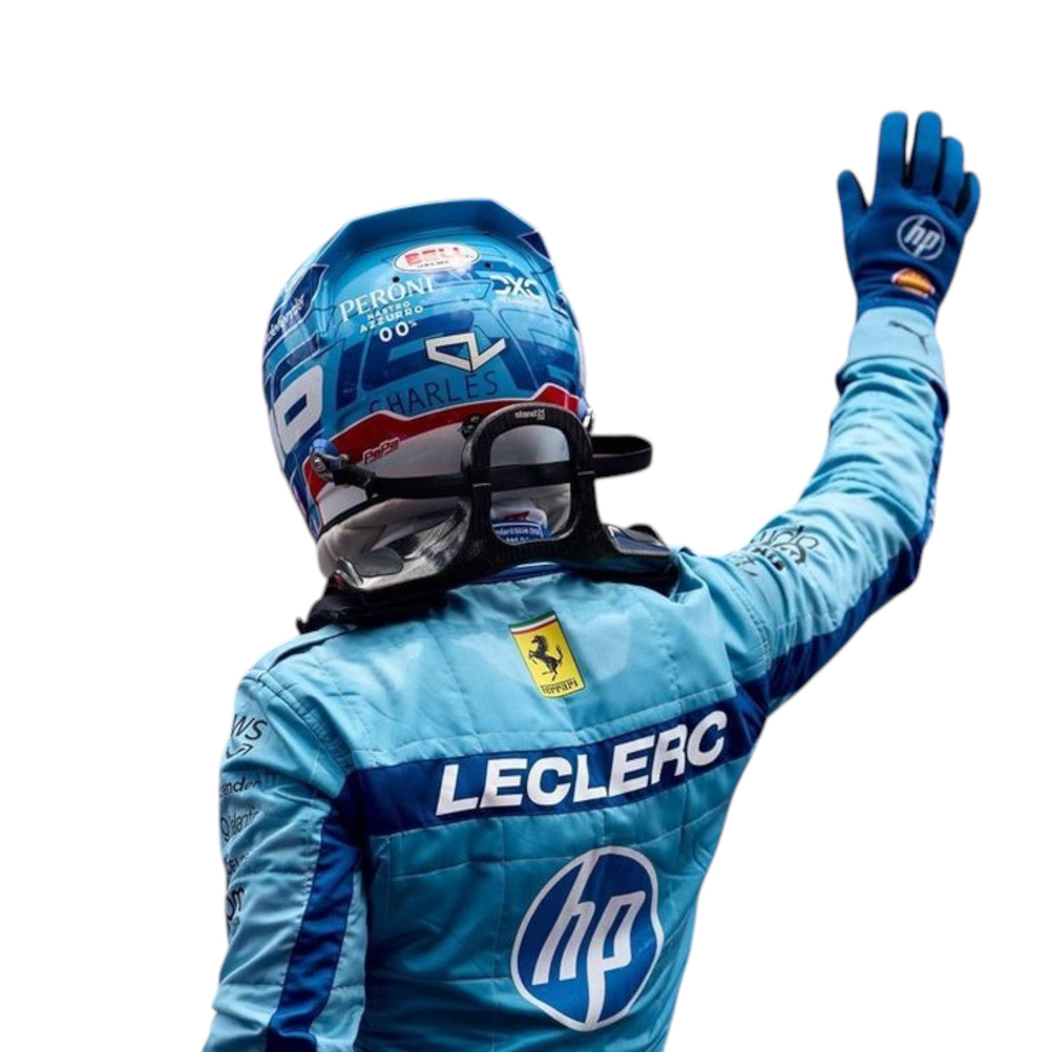 Charles Leclerc 2024 Ferrari Miami GP F1 race suit in blue with Ferrari and sponsor branding