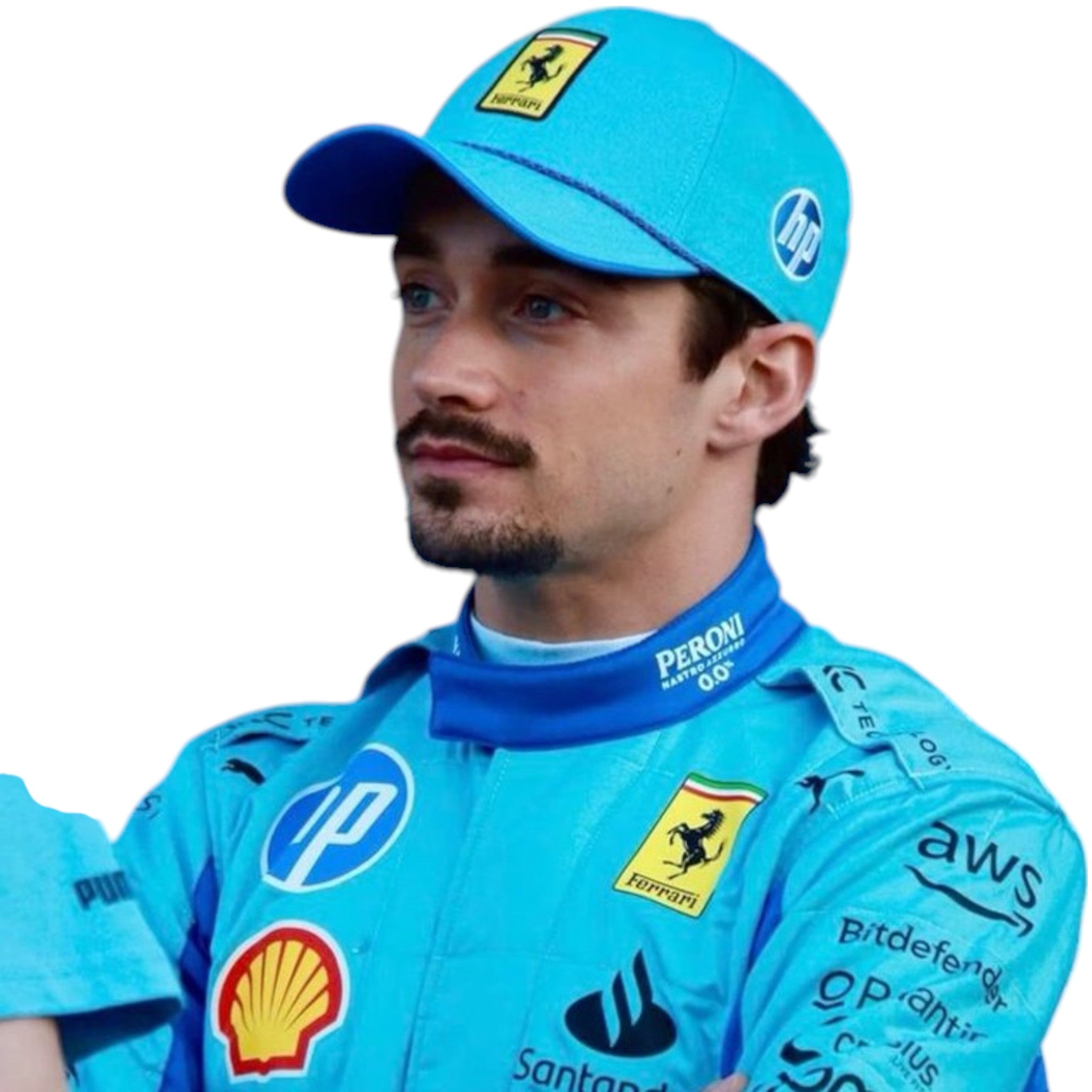 Charles Leclerc 2024 Ferrari Miami GP F1 race suit in blue with Ferrari and sponsor branding