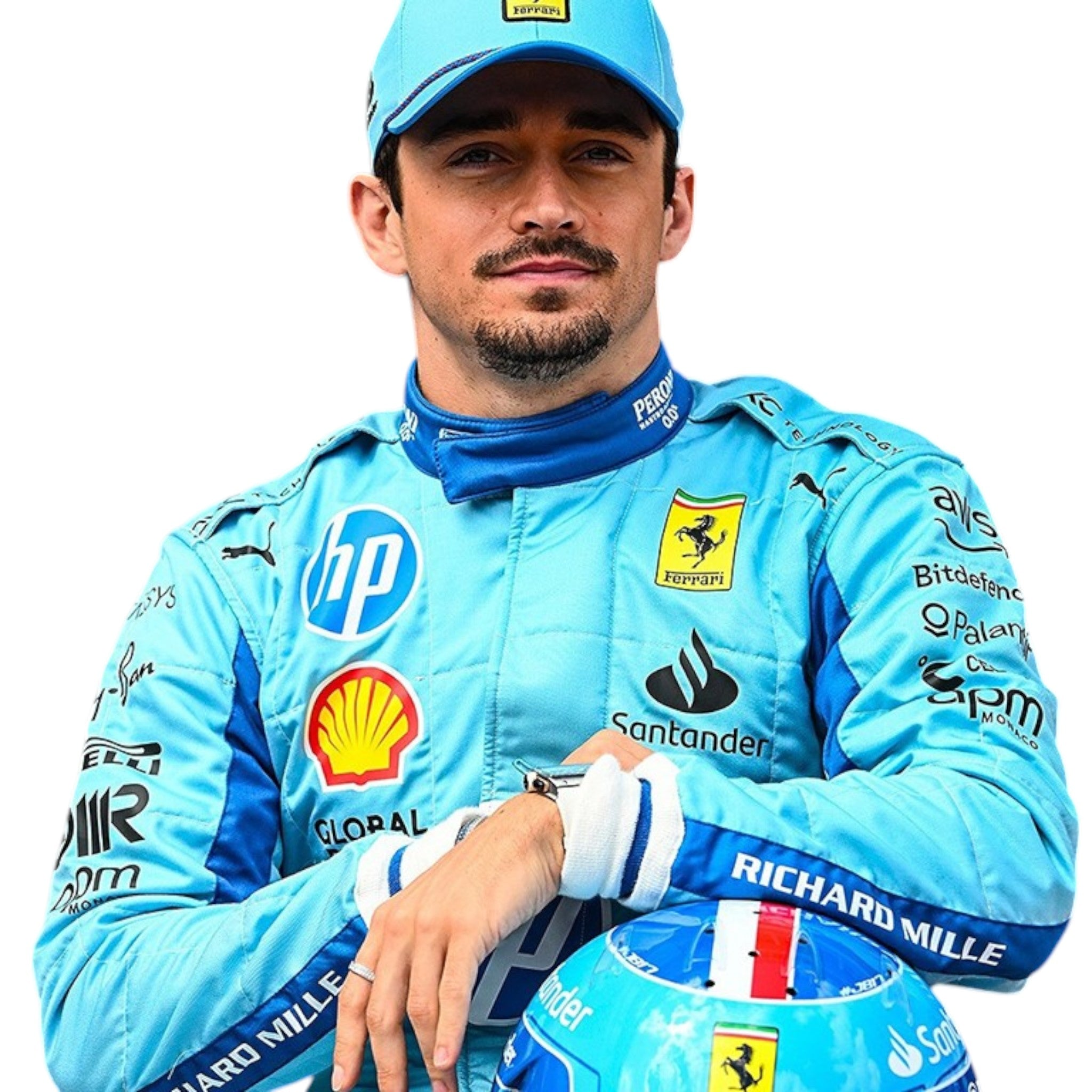Charles Leclerc 2024 Ferrari Miami GP F1 race suit in blue with Ferrari and sponsor branding