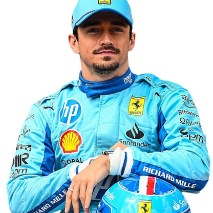 Charles Leclerc 2024 Ferrari Miami GP F1 race suit in blue with Ferrari and sponsor branding