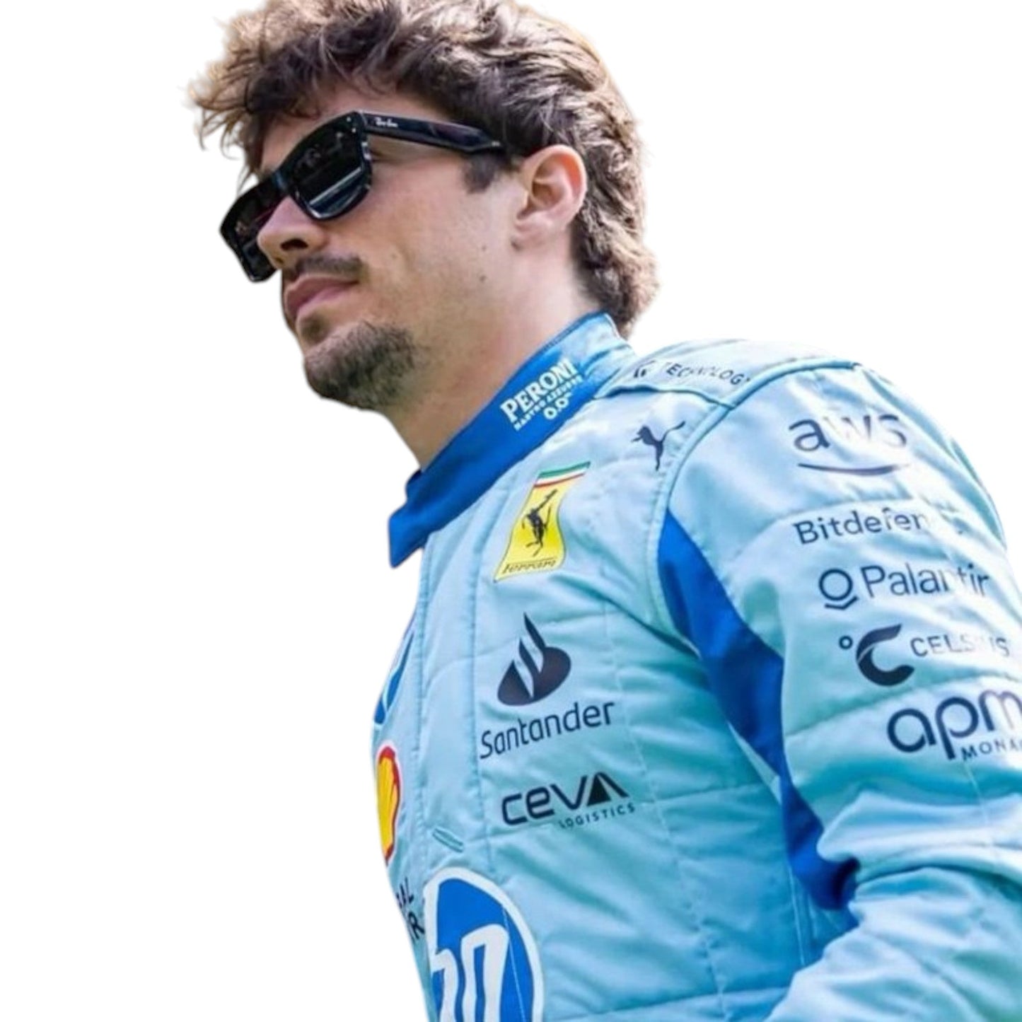 Charles Leclerc 2024 Ferrari Miami GP F1 race suit in blue with Ferrari and sponsor branding