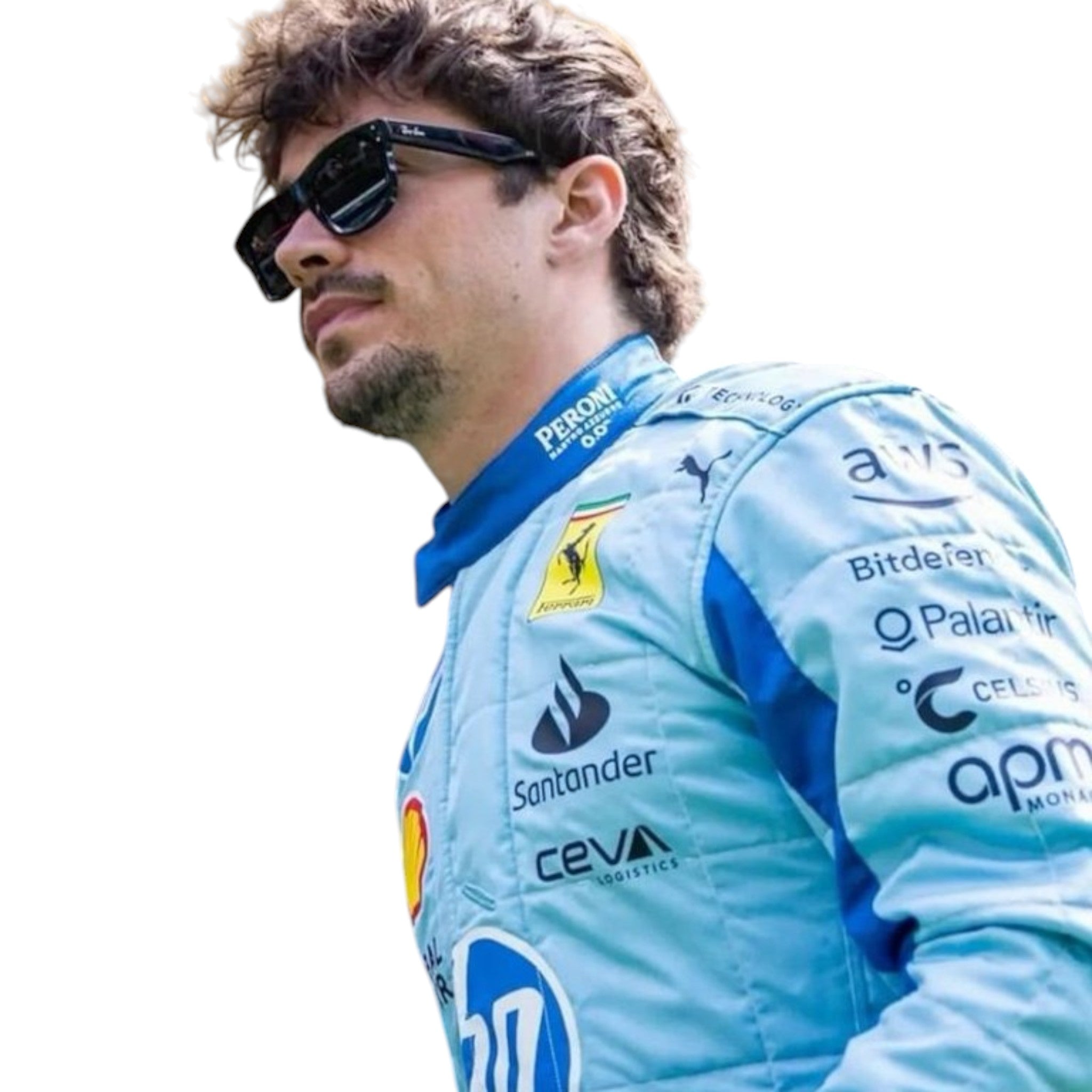 Charles Leclerc 2024 Ferrari Miami GP F1 race suit in blue with Ferrari and sponsor branding