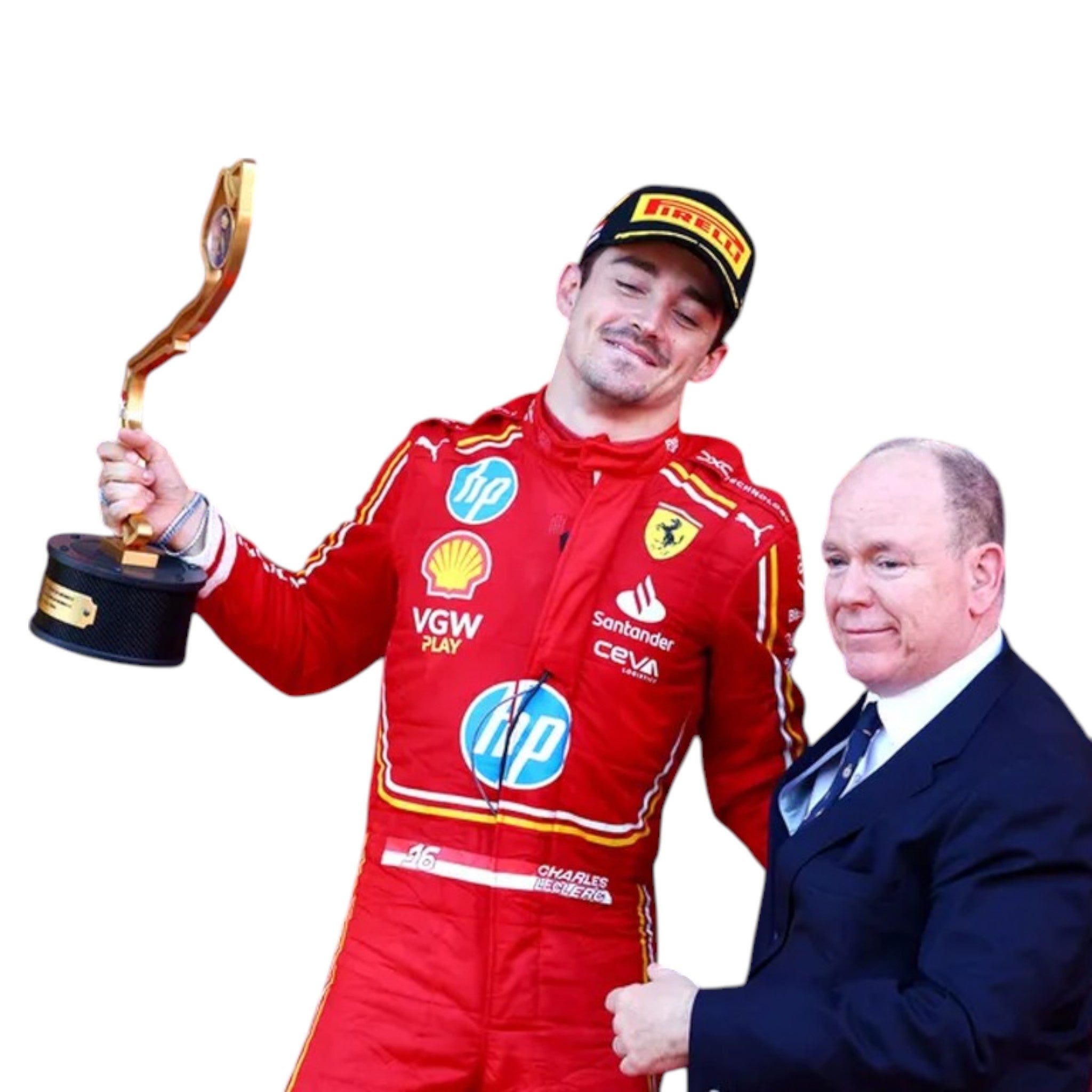 Charles Leclerc 2024 Ferrari Monaco GP F1 race suit with Monaco inspired detailing and sponsor branding