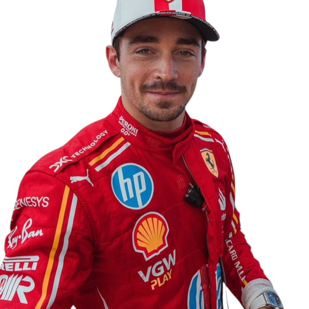 Charles Leclerc 2024 Ferrari Monaco GP F1 race suit with Monaco inspired detailing and sponsor branding