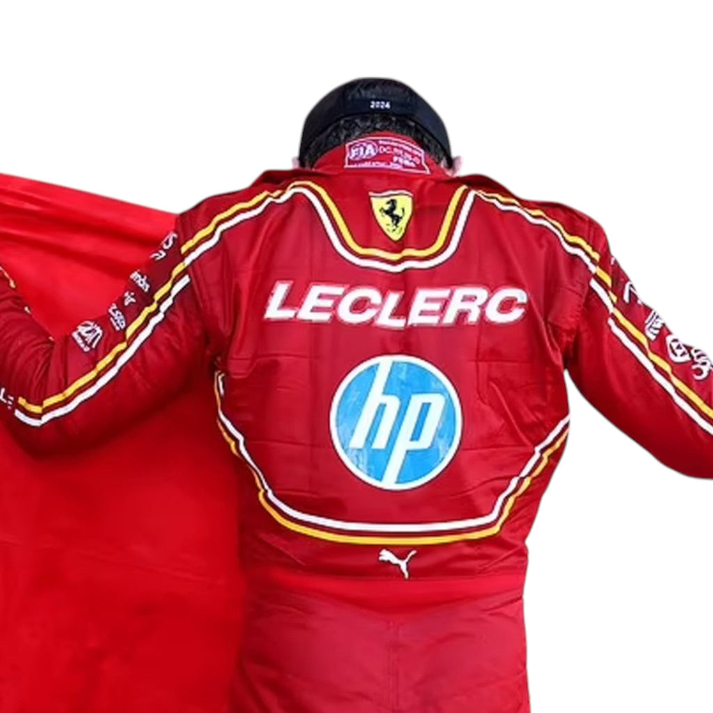 Charles Leclerc 2024 Ferrari Monaco GP F1 race suit with Monaco inspired detailing and sponsor branding