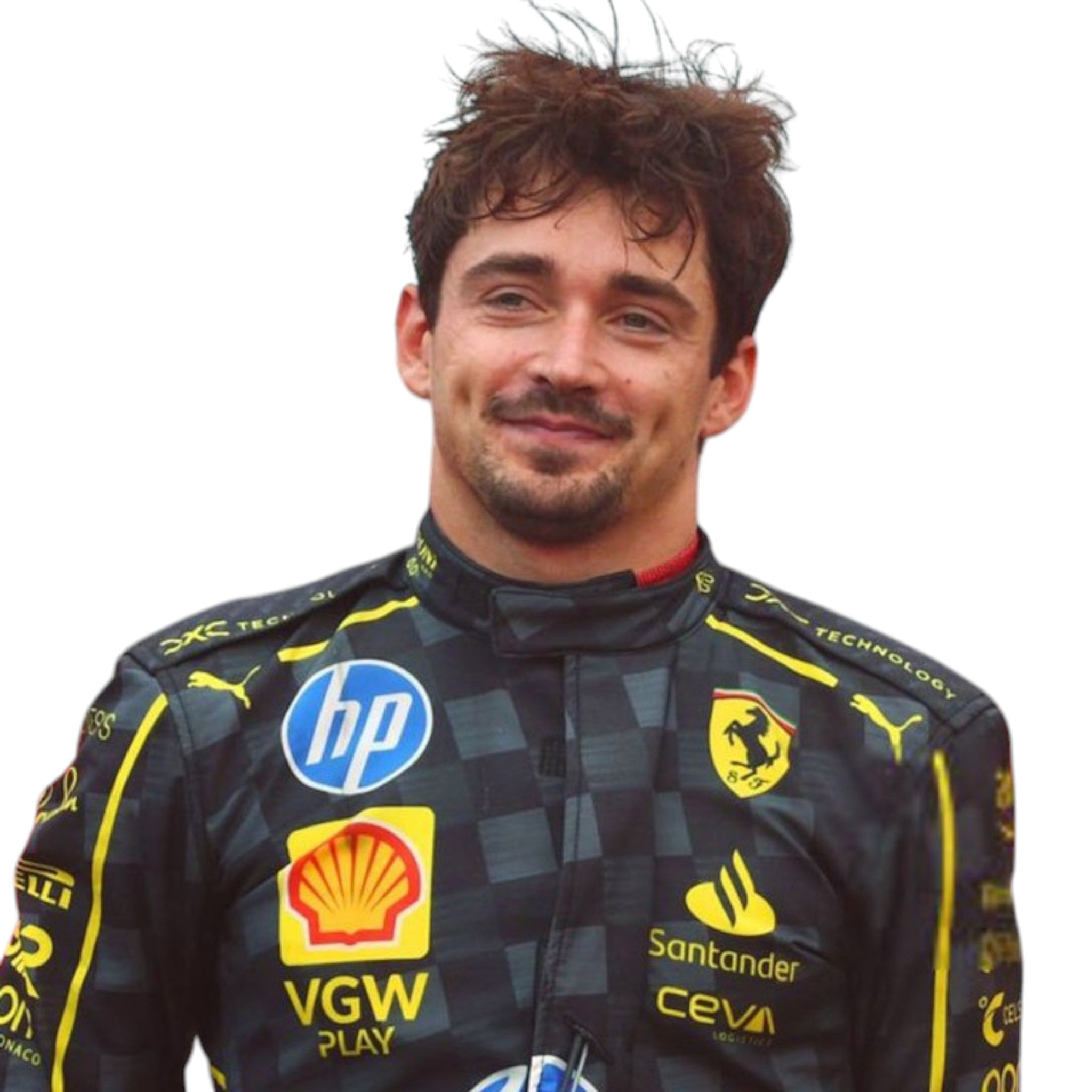 Charles Leclerc 2024 Ferrari Monza GP F1 race suit with special Italian Grand Prix detailing and sponsor branding
