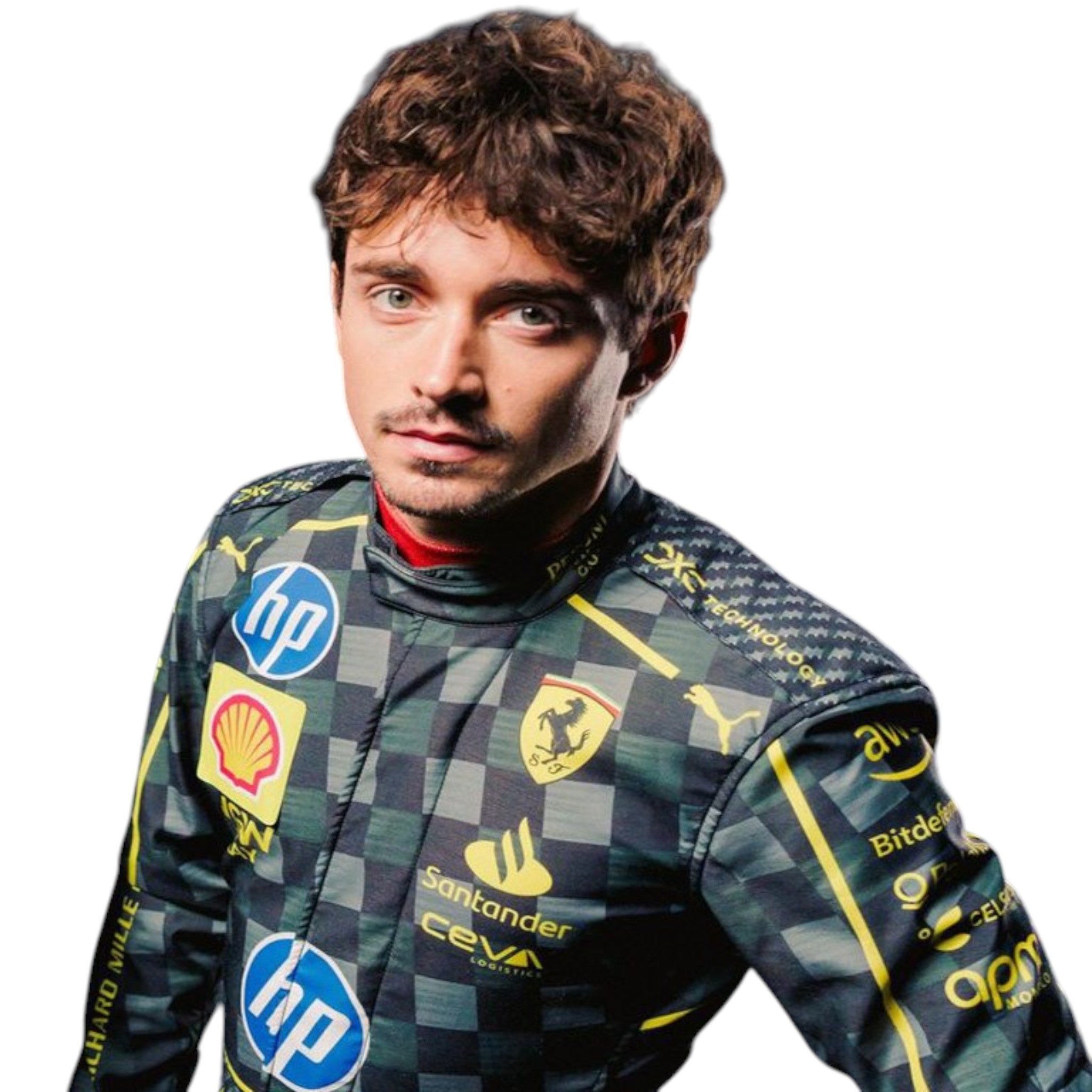 Charles Leclerc 2024 Ferrari Monza GP F1 race suit with special Italian Grand Prix detailing and sponsor branding