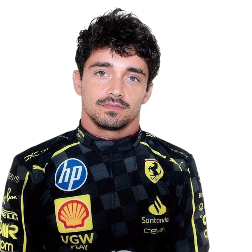 Charles Leclerc 2024 Ferrari Monza GP F1 race suit with special Italian Grand Prix detailing and sponsor branding
