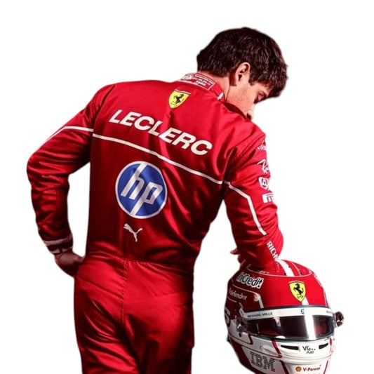 Charles Leclerc 2025 Ferrari F1 race suit in signature red with Ferrari and sponsor branding